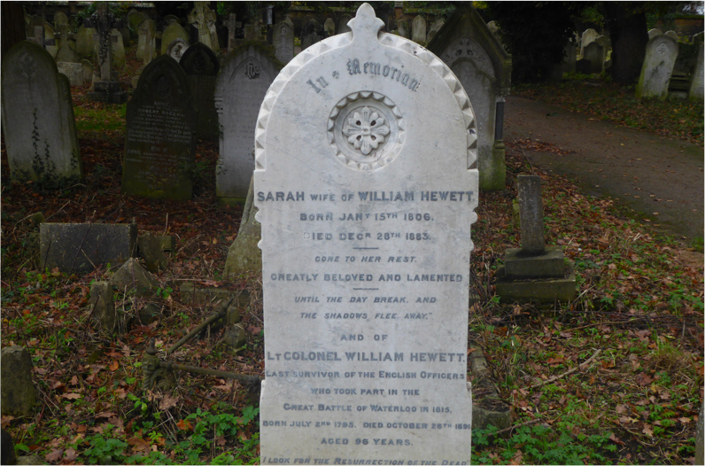 The battle of Waterloo grave for Captain William Hewett (later Lt. Colonel) at Southampton cemetery.